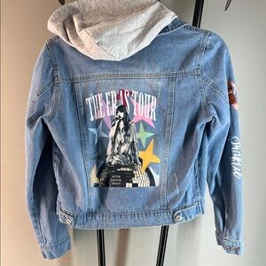 Levi's Blue Denim Jean Jacket with Multicolor Tour Back Graphic and Grey Hood